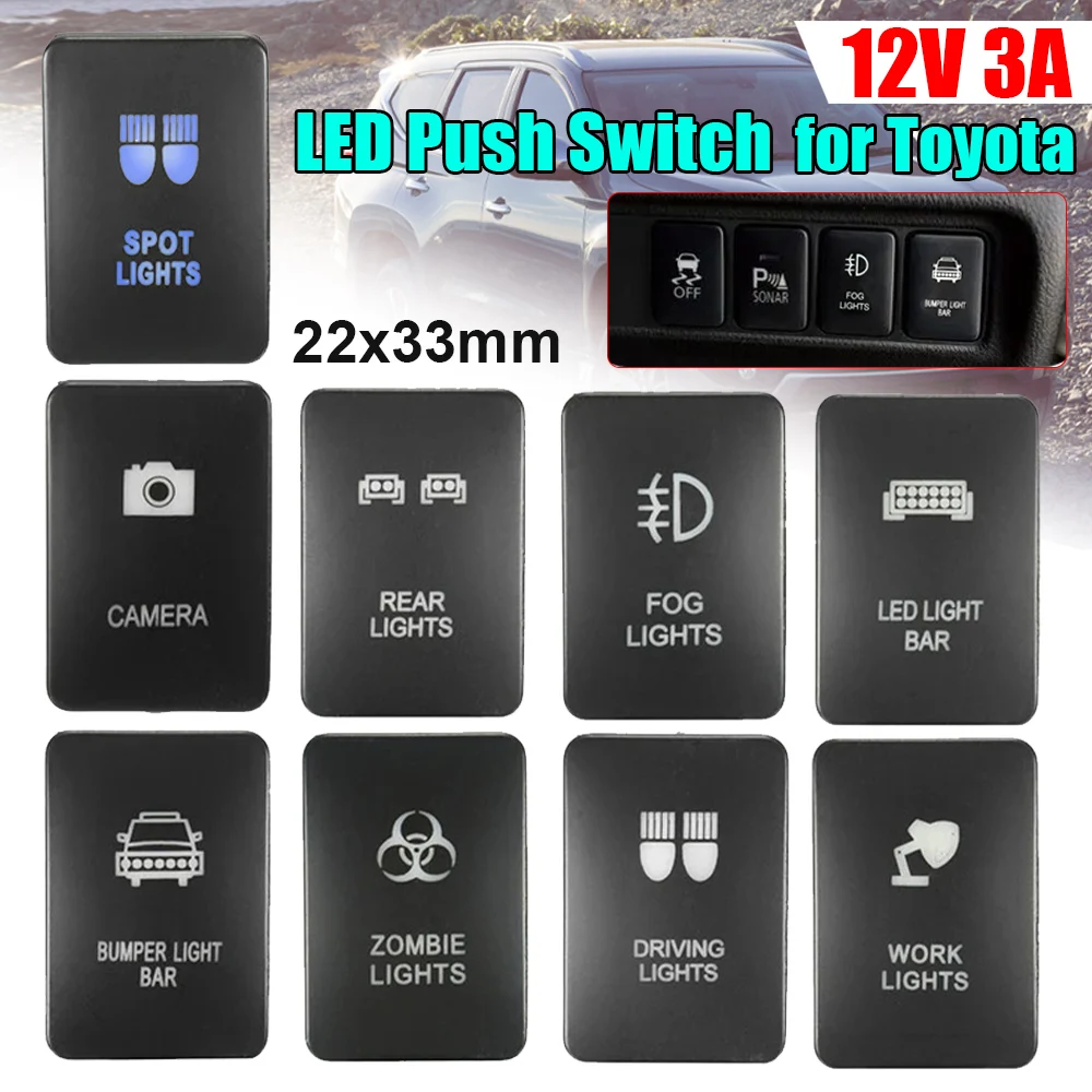 12V Blue LED Light Illuminated Switch Zombie Light Driving Light Rear Light On/Off 33x22mm For Toyota Landcruiser Yaris RAV4