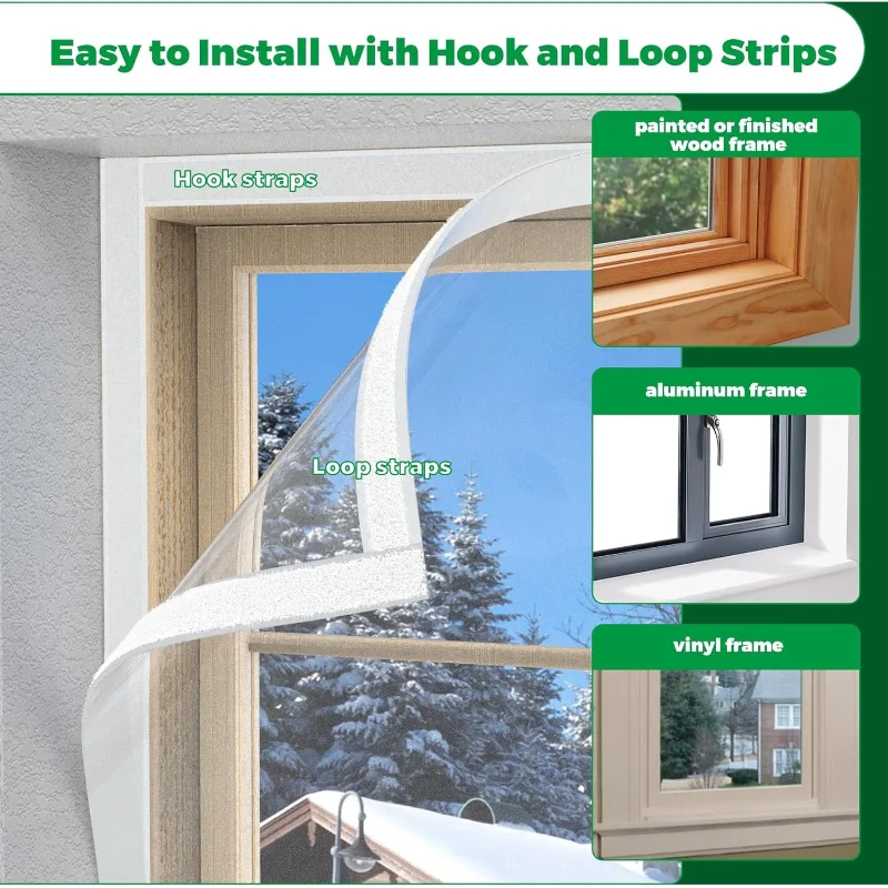 Winter Window Insulation Kit Thermal Plastic Film with Adhesive Strips Transparent Reusable for Bedroom Energy Saving Heating