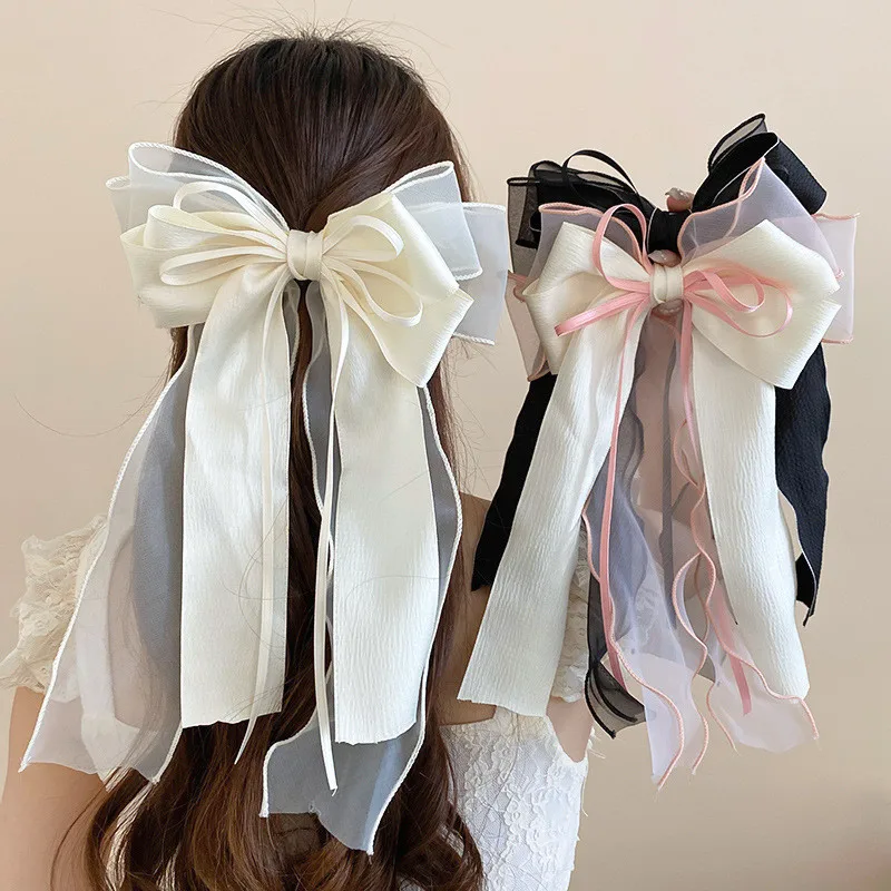 

AISHG Large Bow Mesh Tassel Hair Clip for Women Simple Fashion Solid Color Temperament Tie Hairpin Girls Hair Accessories