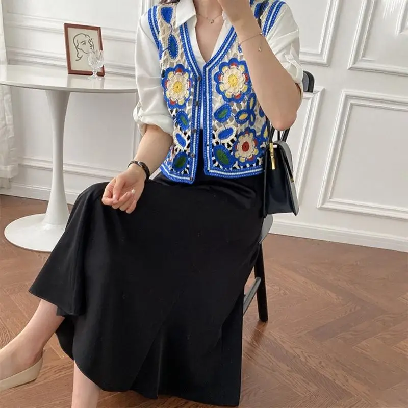 Sweet Women Summer Waistcoats Sleeveless Button Crochet Cardigan Korean Tops