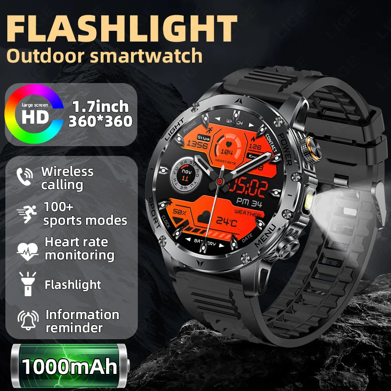 

LIGE New Outdoors Military 1000mAh Battery Smart Watch Men Heart Rate Bluetooth Call LED Flashlight Waterproof Sports Smartwatch