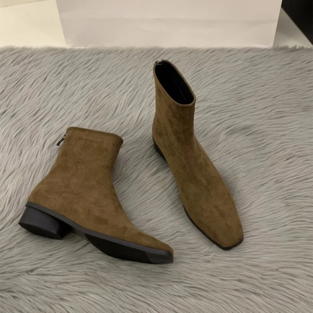 Peach-colored Back-Zip Nude Boot luxury Fashion Square-Toe - Fall/Winter Style - High Heel - Women's Elegant - Tight Short Boot