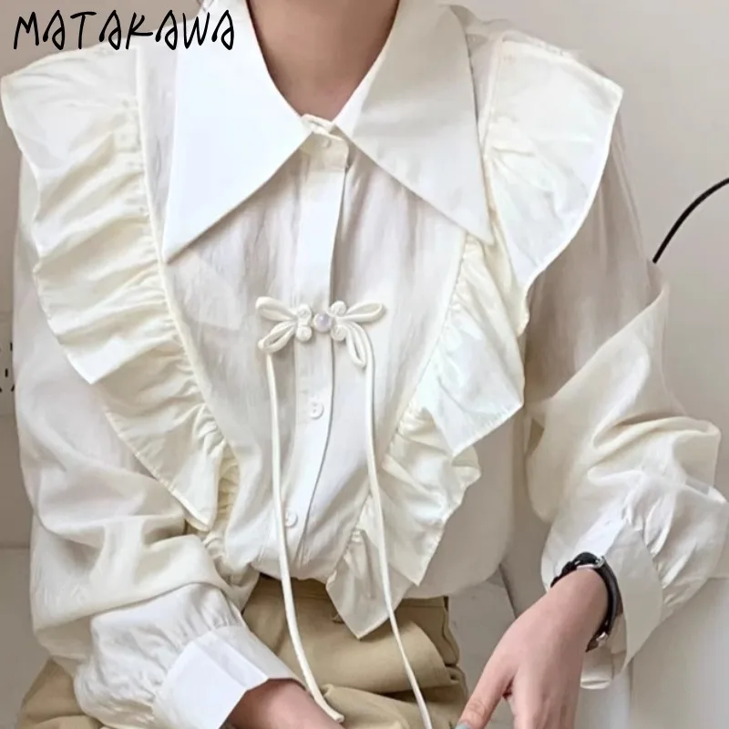 

Matakawa Chinese Style Women Shirts&blouses Ruffles Solid Spring Autumn Blusas Mujer Fashino Vintage Elegant Loose Camisas