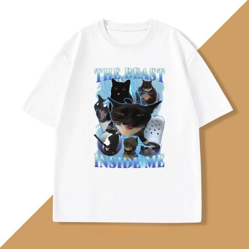 The Beast Inside Me 90s Vintage Funny Cat Meme T Shirt Women Men Cats Lover T-Shirt Goofy Cats Cotton Short Sleeve Men's