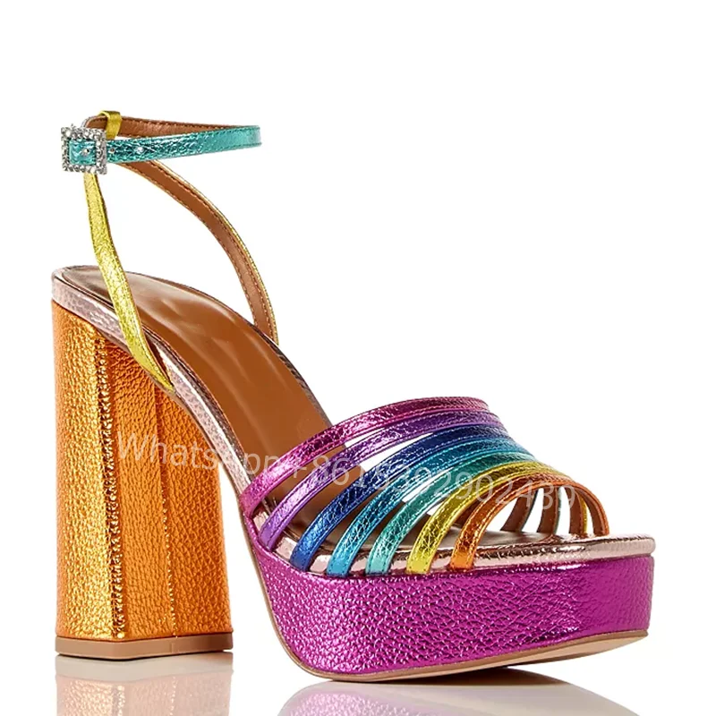 New Red Gradient Rainbow Striped Heels Block Open Buckle Sandals Light Purple Platform Bling Wrap Mixed Colors Sexy Party Shoes