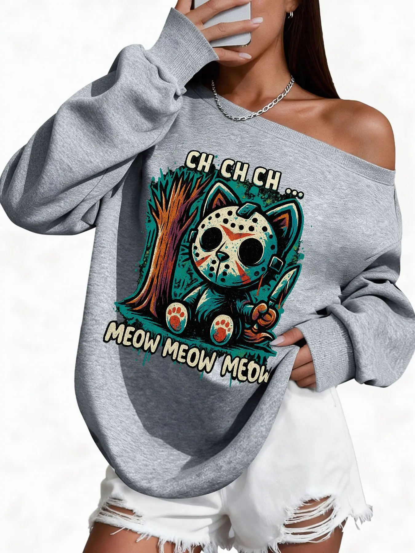Plus Size 50% Cotton Funny Cat Horror Movie Print Graphic Sweatshirt High Quality Women'S Off-Shoulder Wide Neck Sweatshirt W