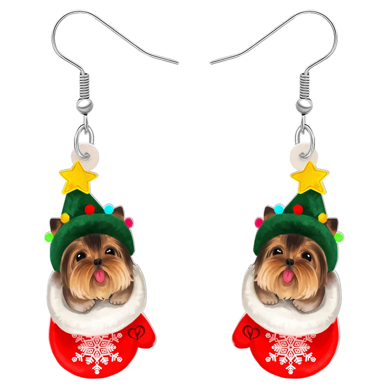 WEVENI Christmas Decor Acrylic Plush Yorkshire Terrier Dog Drop Dangle Earrings Cute Puppy Jewelry Charm Gifts for Women Girls