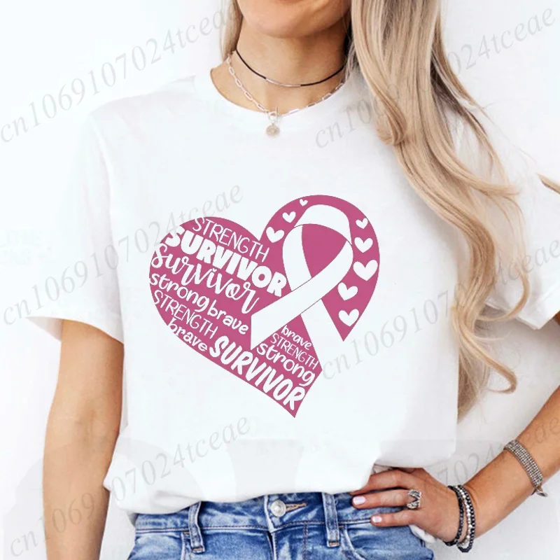 المرأة الوردي الشريط تي شيرت الملابس Harajuku الشارع الشهير تي شيرت بلايز عادية تيز موضة جديدة سرطان الثدي الوعي الحب تي شيرت