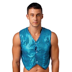 Mens Glittery Sequins Disco Rave Vest Tops Jazz Latin Modern Dance Stage Performance Costume Shiny Sequined Sleeveless Waistcoat