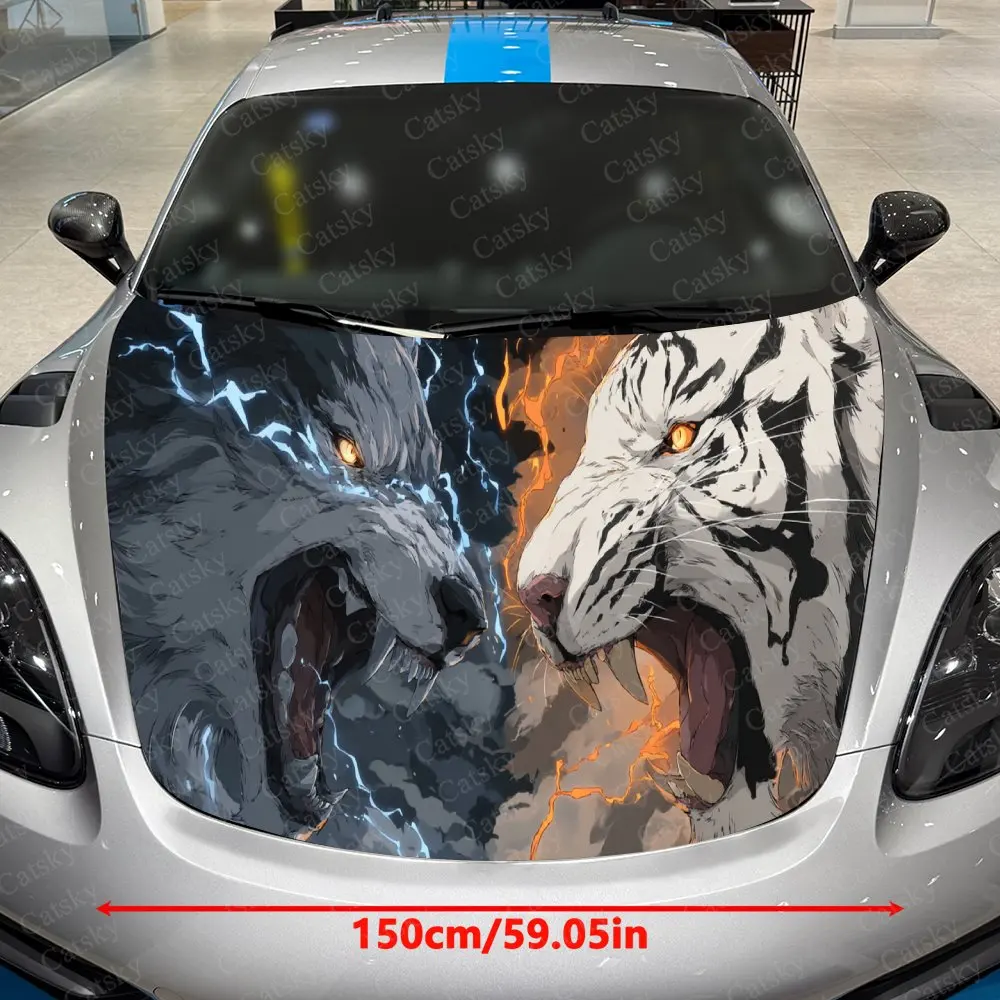 Vivid Lightning Wolf Tiger Car Cover Decal, Auto Hood Sticker, Waterproof and Self-adhesive Auto Vinyl Wraps, Cool Car Exterior