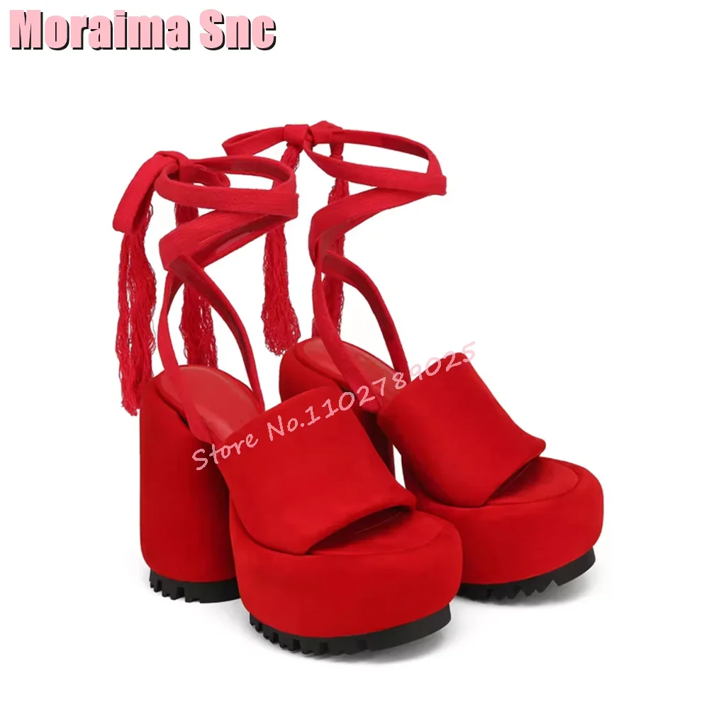 Platform Open Toe Lace Up Sandals Round High Heels Cross Strap Fluffy Sexy Fashion Women's Shoes Summer Red Solid 2024 Newest