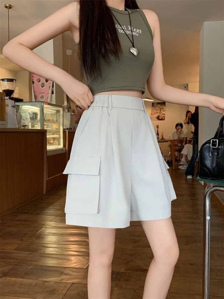Summer new loose American style quick drying high waisted cargo shorts women A-line wide leg casual sports five quarter pants