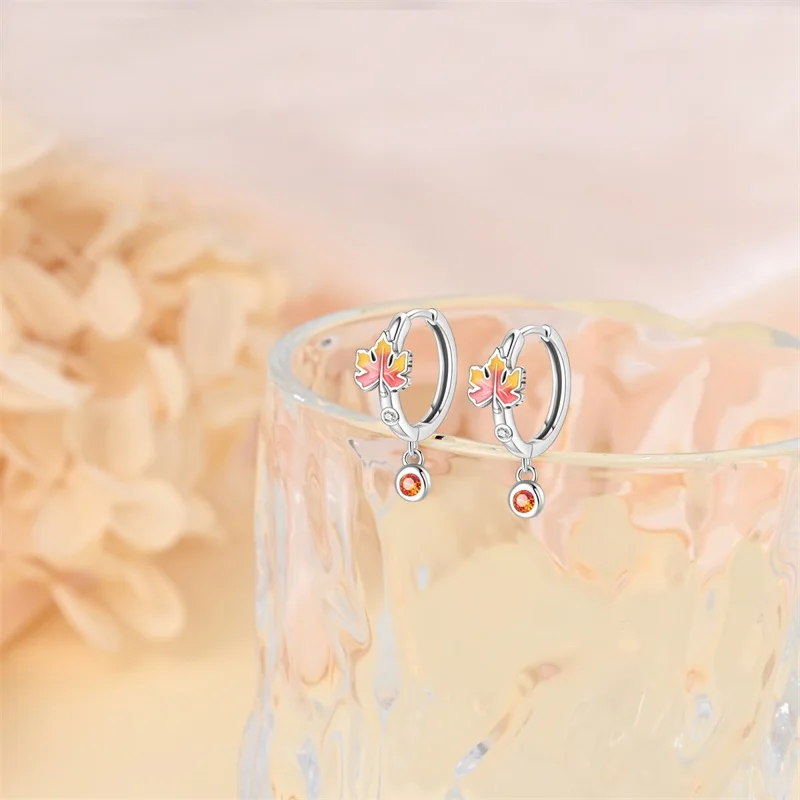 Hot Sales 925 Sterling Silver Maple Leaf Hoop Earrings Sparkling Zircon Earrings For Women Fine Birthday Anniversary Jewelry