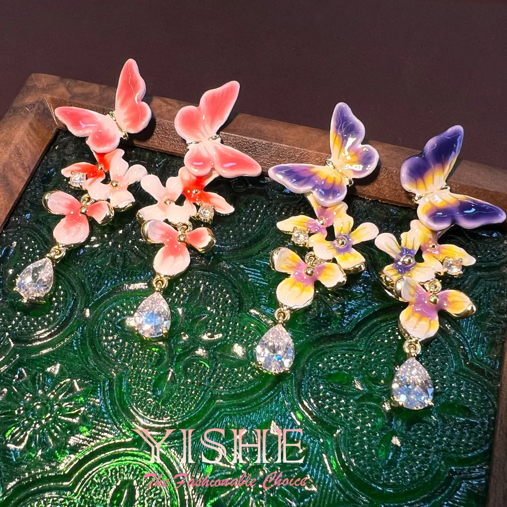 

French oil painting enamel butterfly long earrings vintage exquisite niche cross-border copper plating real gold S925 ears