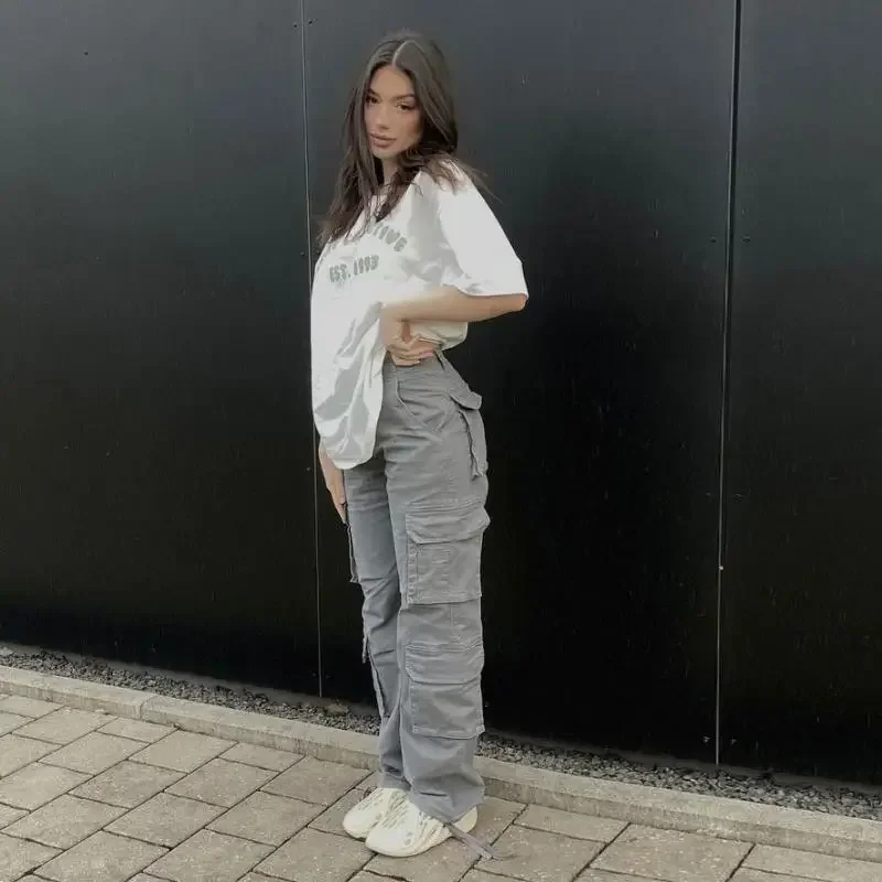 

Women Cargo Pants Low Waist Vintage Grey Loose Streetwear Baggy Jeans Retro Sporty Pockets Wide Leg Denim Trousers Overalls