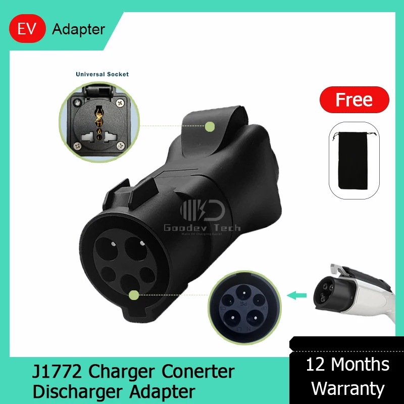 Portable EV Charging Station Discharge Adapter SAE J1772 Male Plug to 220V Universal Schuko Socket Type 1 for Electric Devices