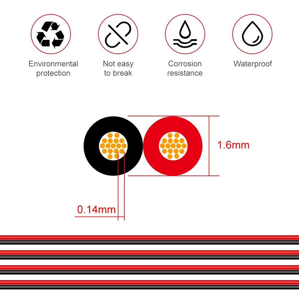 2Pin Draad 100M 22AWG 12V/24V Verlengsnoer Rood en Zwart 2-Draad Gestrande Vertind Koper LED Lichtbalk Netsnoer F