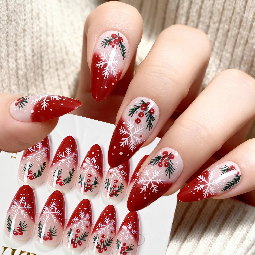 

24pcs Christmas Snowflake False nails Red Gradient French Almond Press On Nails for Xmas Holiday Acrylic Fake Nails Women Nails*