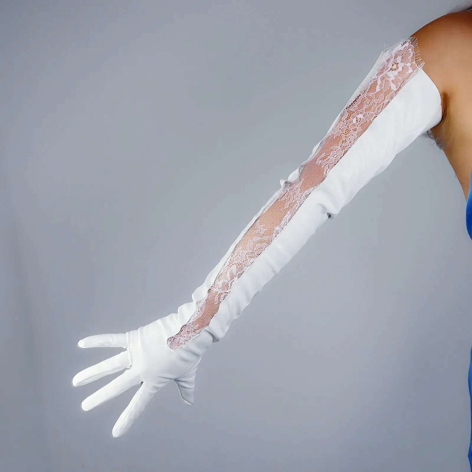 White Lace Long Leather GLOVES Two Tone Faux PU 28