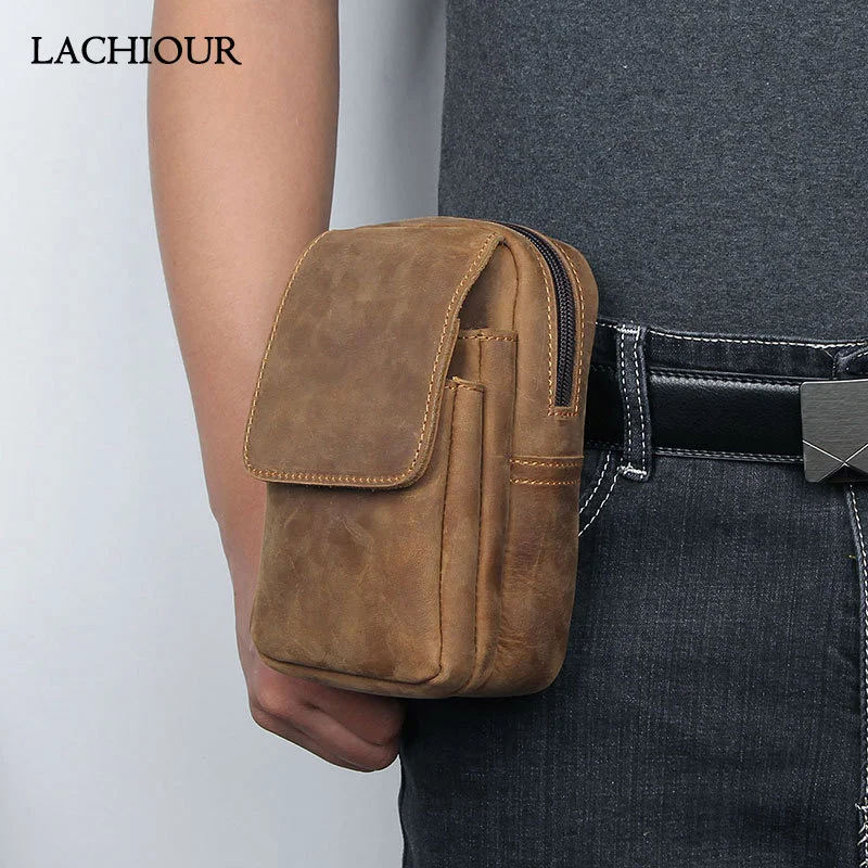 

Genuine Leather Hook Waist Bag Men Crazy Horse Bum Hip Belt Vintage Fanny Pack Cell Phone Cigarette Key Case Male Coin Purse