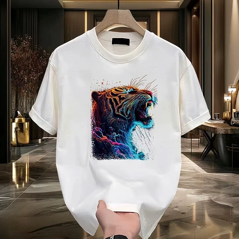 Men's Fitted Cotton T-shirts 5XL Black T Shirt Summer Wear Casual for Men Anime Tiger Print Tee Shirts White Men Clothing