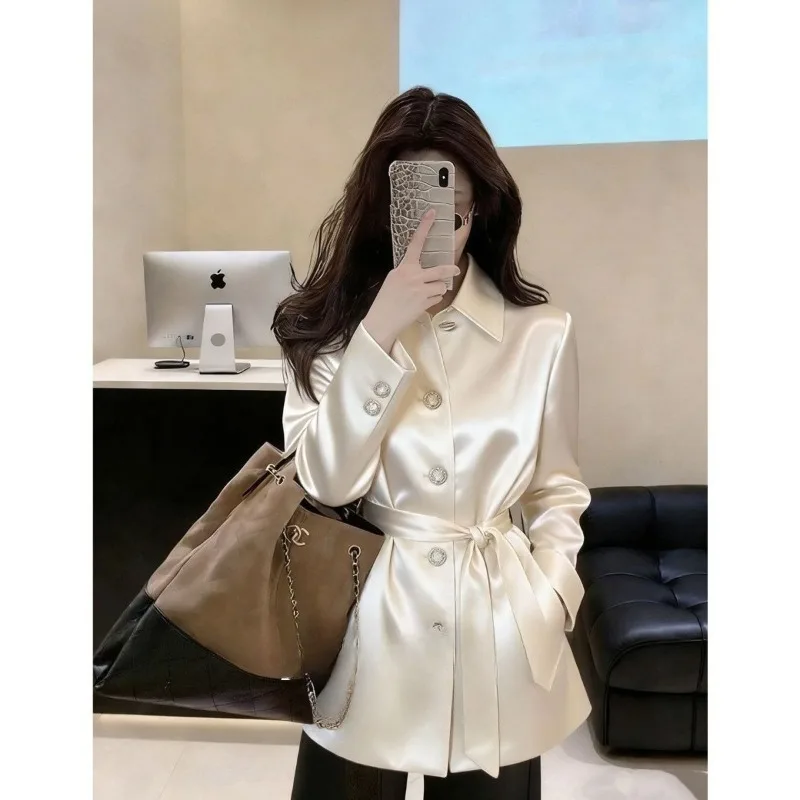 

New Spring Style Off-white Lapel and Cinched Waist Satin Coat Popular Bestseller This Year Featuring High-end Fashionable Style