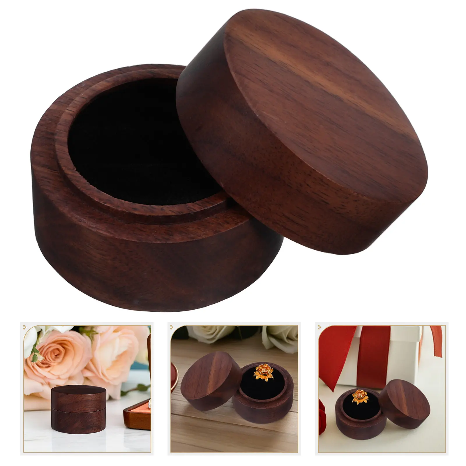 

Круглая деревянная шкатулка для колец с двойной крышкой, футляр для хранения и демонстрации ювелирных изделий, для помолвки, свадьбы, предложения руки и сердца