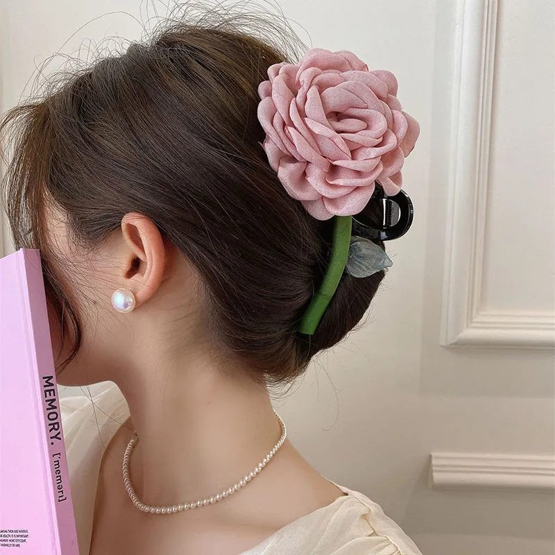 Vintage Elegance Rose Hair Claw Leaves Flower Gripped Clip Shark Ponytail Hairpin Headwear Women Sweet Hair Accessories Gifts