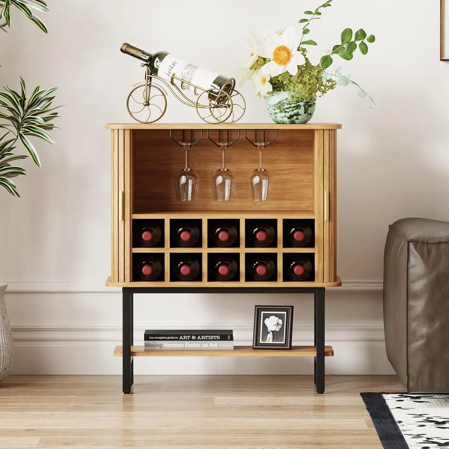 Natural Wine Bar Storage Cabinet, Coffee Liquor w/ Sliding Doors & Open Rack, Fluted Design & Glass Holder（Brown）