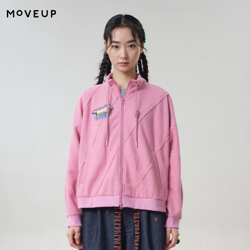 MOVEUP Stand Collar Zip‑Up Jacket 2026 Autumn Cartoon Patch Embroidery Diagonal Seam Design Casual Loose Outerwear 3ELQ10710