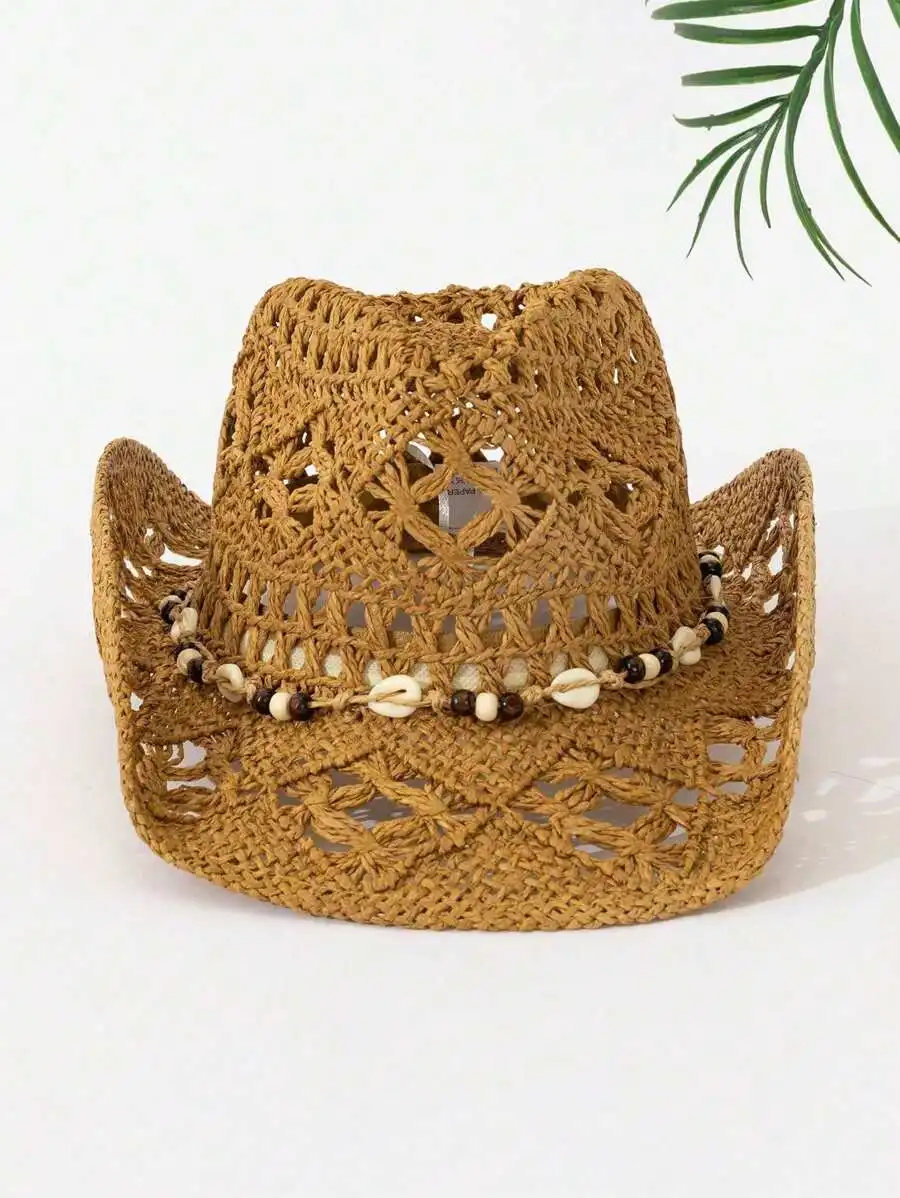 

Bohemian Shell Hollow Out Straw Cowboy Hat For Women Summer Beach Vacation