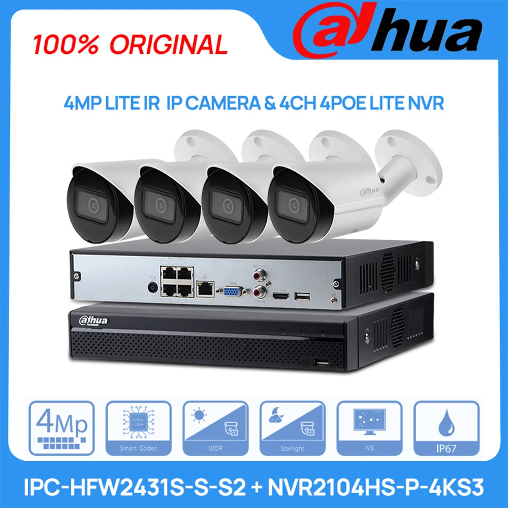 Dahua Original CCTV Kits 4MP IR Bullet IP Camera IPC-HFW2431S-S-S2 & 4CH 4PoE 1HDD Lite Network Video Recorder NVR2104HS-P-4KS3