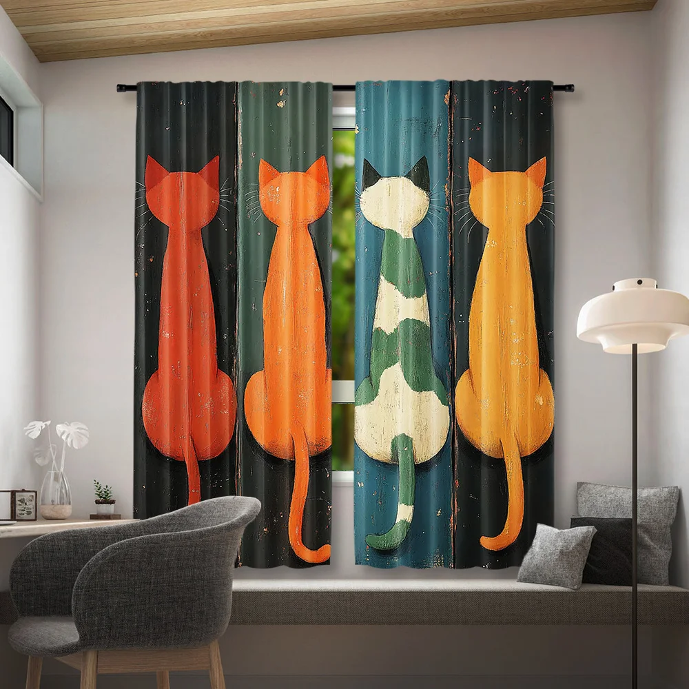 Funny Cat Butt Curtains, Colorful Rear View Feline Window Drapes, Retro Vintage Decor, Blackout Fabric for Living Room Kitchen