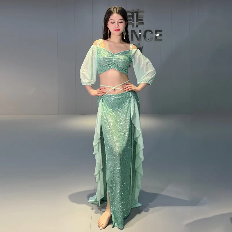 

Belly Dance Set New Mermaid Autumn/Winter Shining Mesh Training Set Split Body Set Professional Female Dancer Dance Skirt