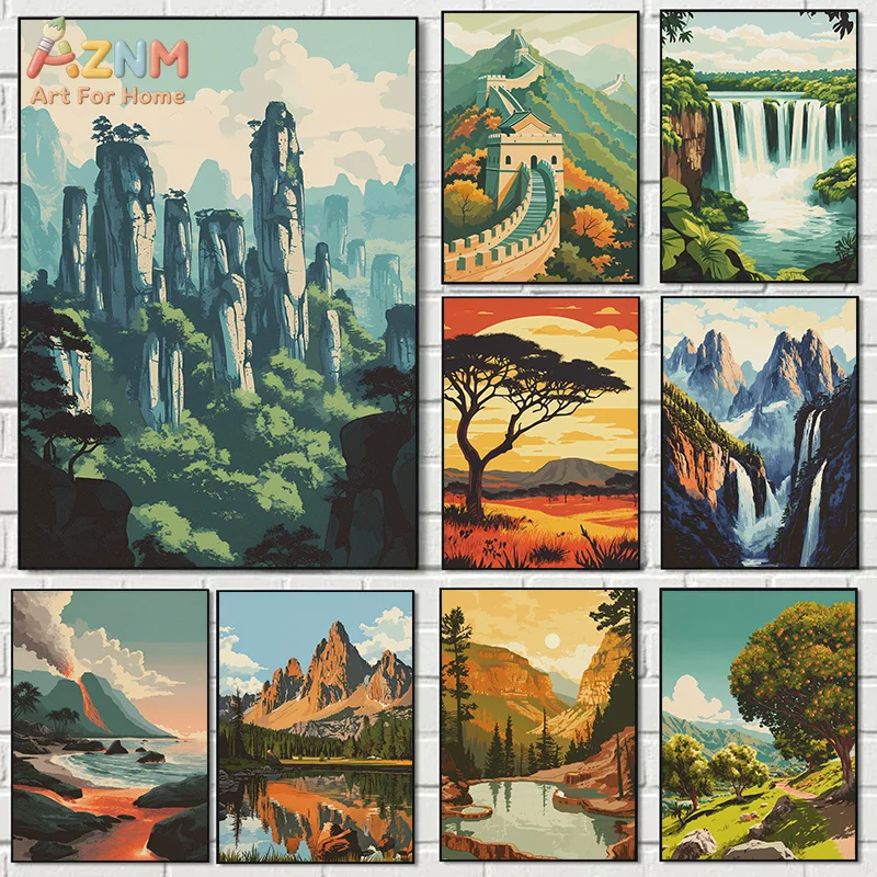 AZNM Retro Travel Mountain Landscape Canvas Poster Frameless Wall Art Great Wall Waterfall Volcano Cliff Nature Scenery Print Fo