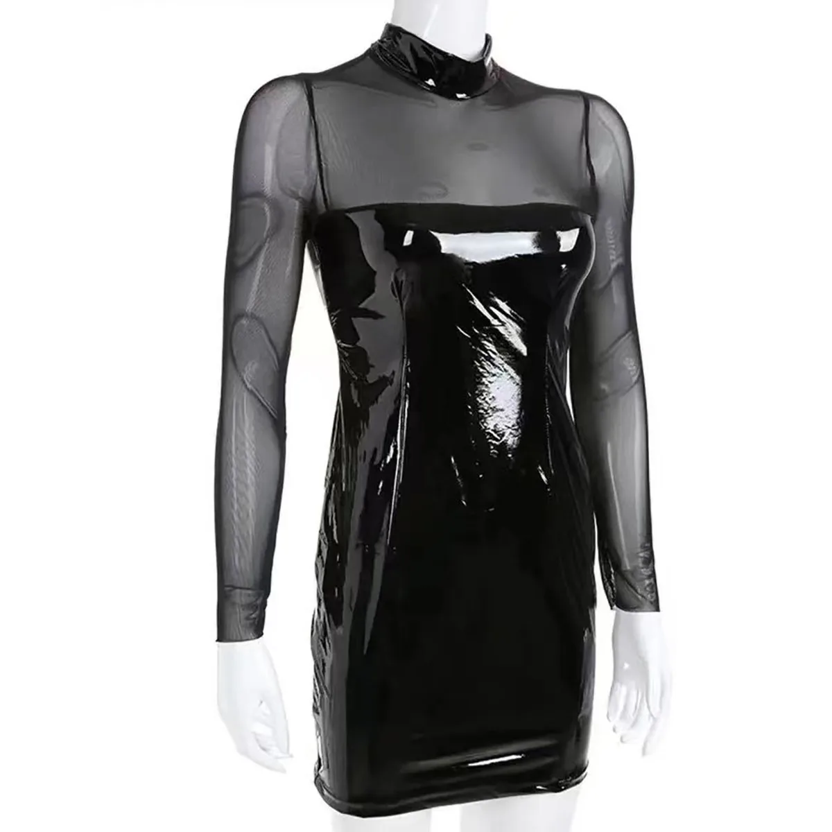 Women Shiny Leather Sheath Bag Hip Dress See Through Hot Porn Breast Exposing Shaping Bodycon Stitching With Transparent Mesh