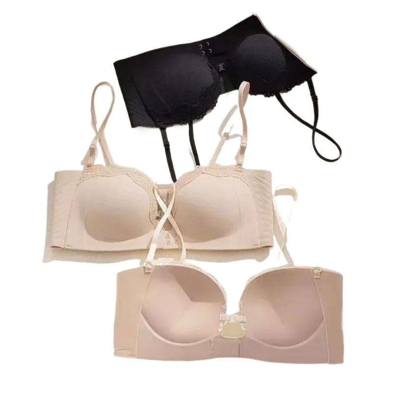 KUCLUT Strapless Push Up Bandeau Top Sexy Sweetheart Neckline Ruffle Bustier Corset with Buttons Front Closure White Black Beige