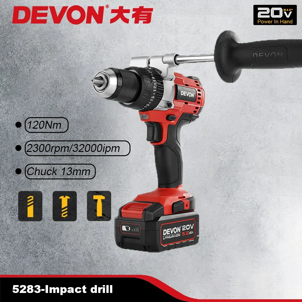 DEVON 20v Cordless Drill Brushless Heavy Duty 5283 Max120Nm 2300rpm Imapct 32000bpm 2 Speed Adjustable Share Flex Battery