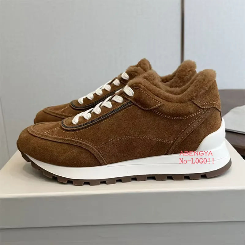 Hot Sale Suede Flat Loafers Shoes Women Lace Up Holiday Platform Wool Fur Shoes Winter Casual Party Vacation Walking Shoes Women