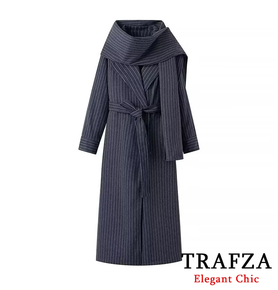 

TRAFZA Elegant Commuter Stripe Long Trench Coat with Scarf Women's Autumn Winter Fashion High Street Long Coat with Belted