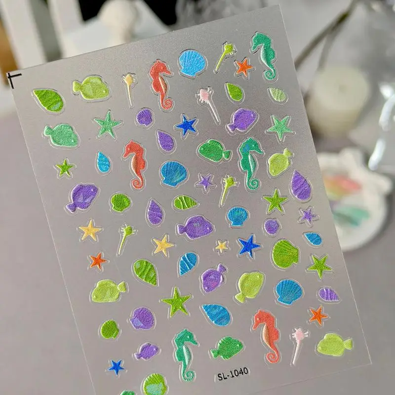 5D Embossed Nail Art Stickers Coastal Seashell Starfish Design Self-Adhesive Durable DIY Nail Decor for Party Makeup