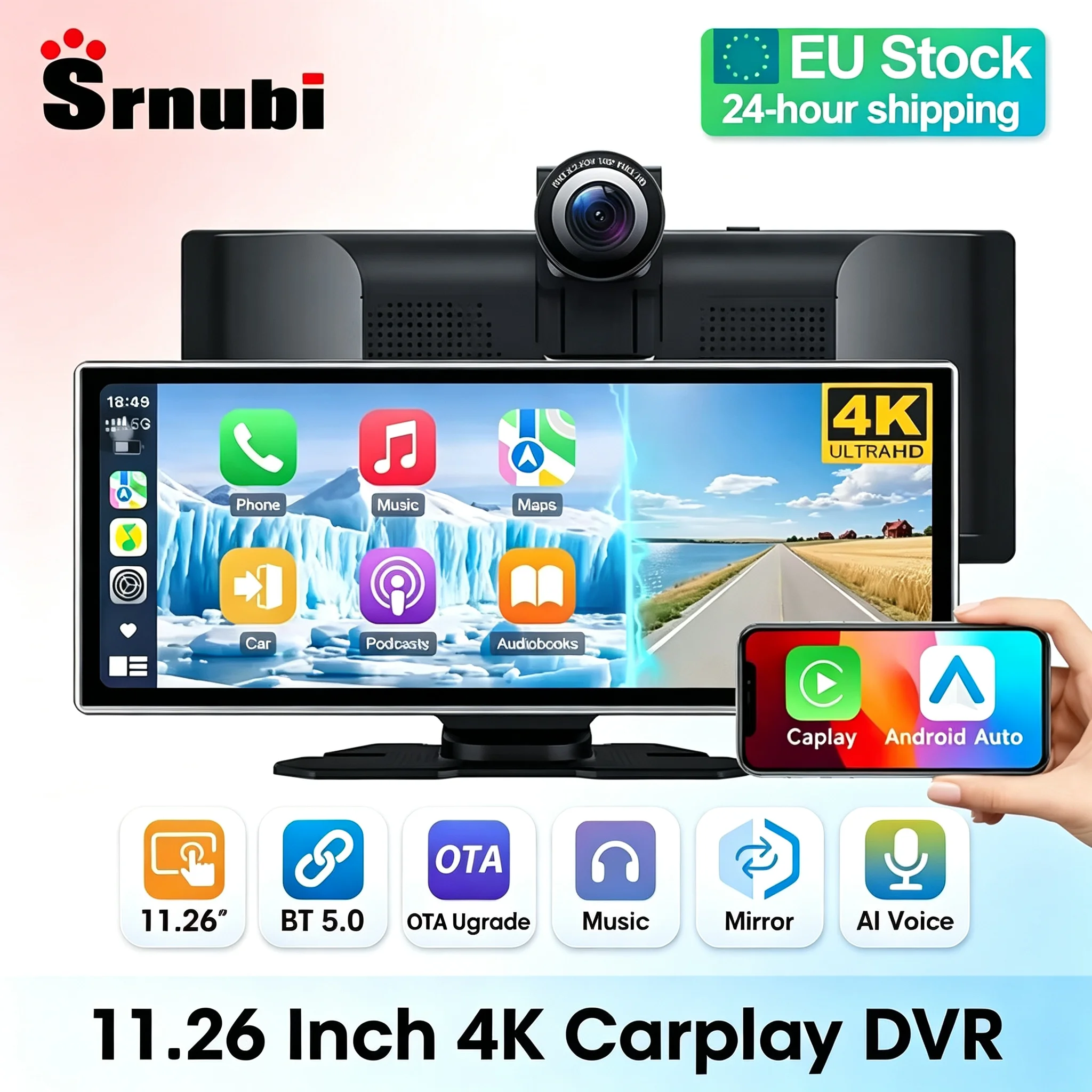 Srnubi, cámara para salpicadero 4K de 11,26 pulgadas, pantalla portátil con CarPlay, sistema inalámbrico de CarPlay y Android Auto, grabadora de vídeo para automóvil, GPS, sistema multimedia inteligente con pantalla táctil.