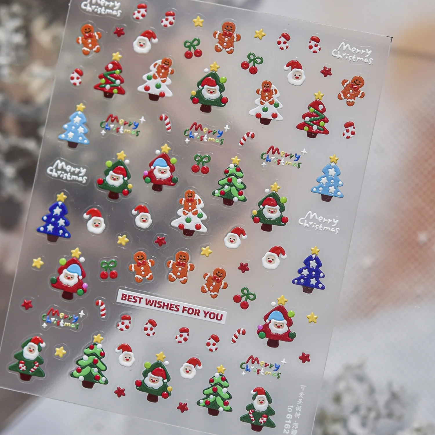 Retro Cartoon Christmas 5D Nail Stickers Santa Claus Gingerbread Man Colorful Xmas Tree Berry Star Self‑Adhesive Nail Decals