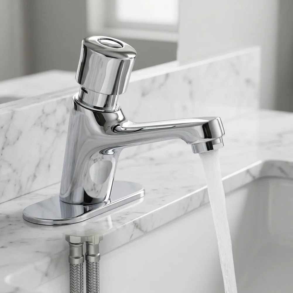 Copper Wall Fixed Basin Faucet Featuring Press Delay Mechanism Aerated Stream and Smooth Valve Core Silver 16.5x12x6cm