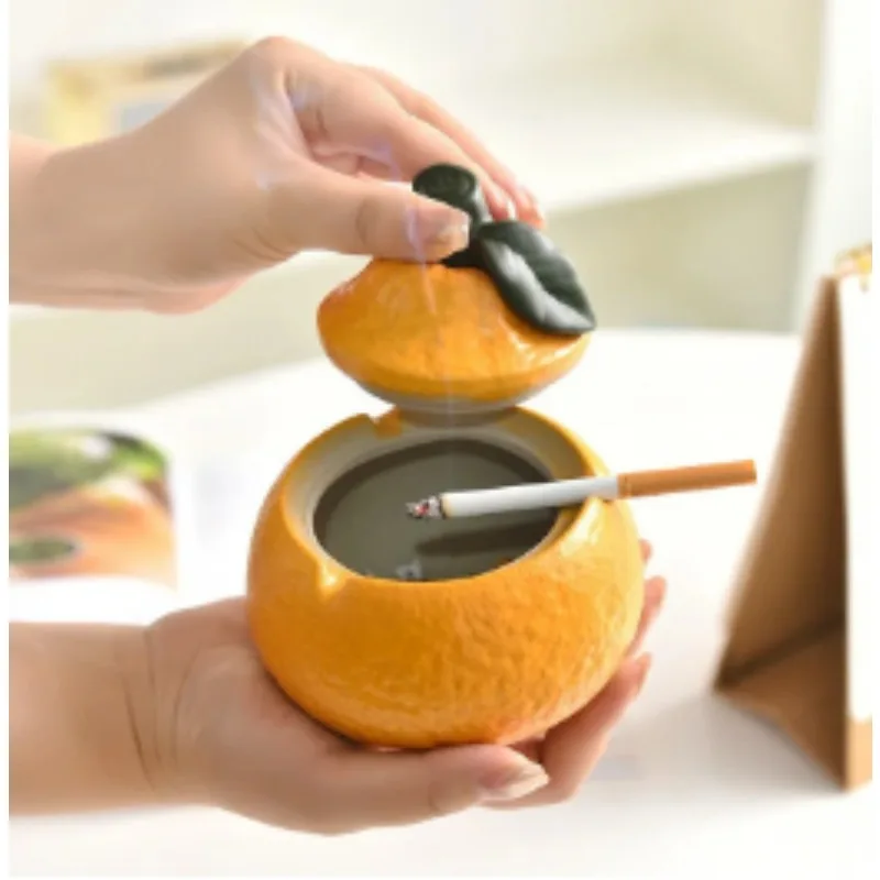 

Nordic Ceramic Orange with Lid Ashtray Cute Windproof Dustproof Household Desk Tea Table Office Decorative Multi Functional Jar