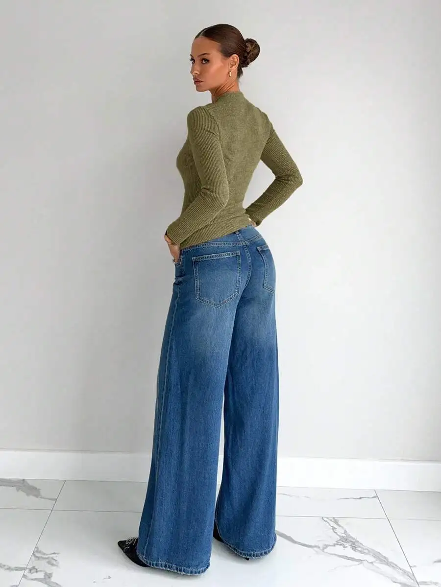 

Olive Green Ribbed Knit Long Sleeve Top Asymmetrical Drape Casual Womens Tee