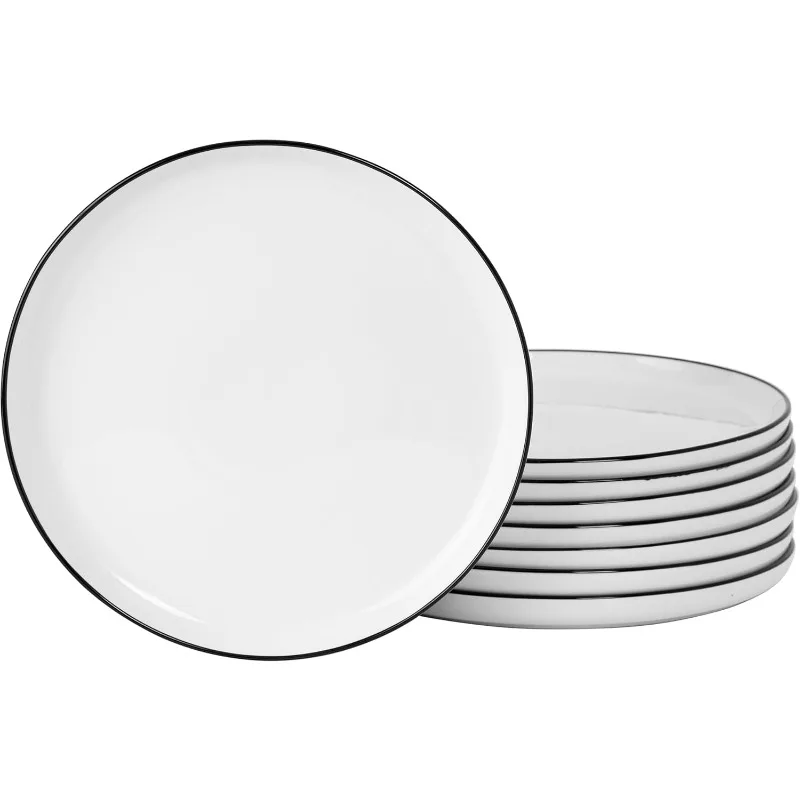 Oslo 8-Piece Porcelain Chip and Scratch Resistant Dinner Plate Set - White w/Black Rim