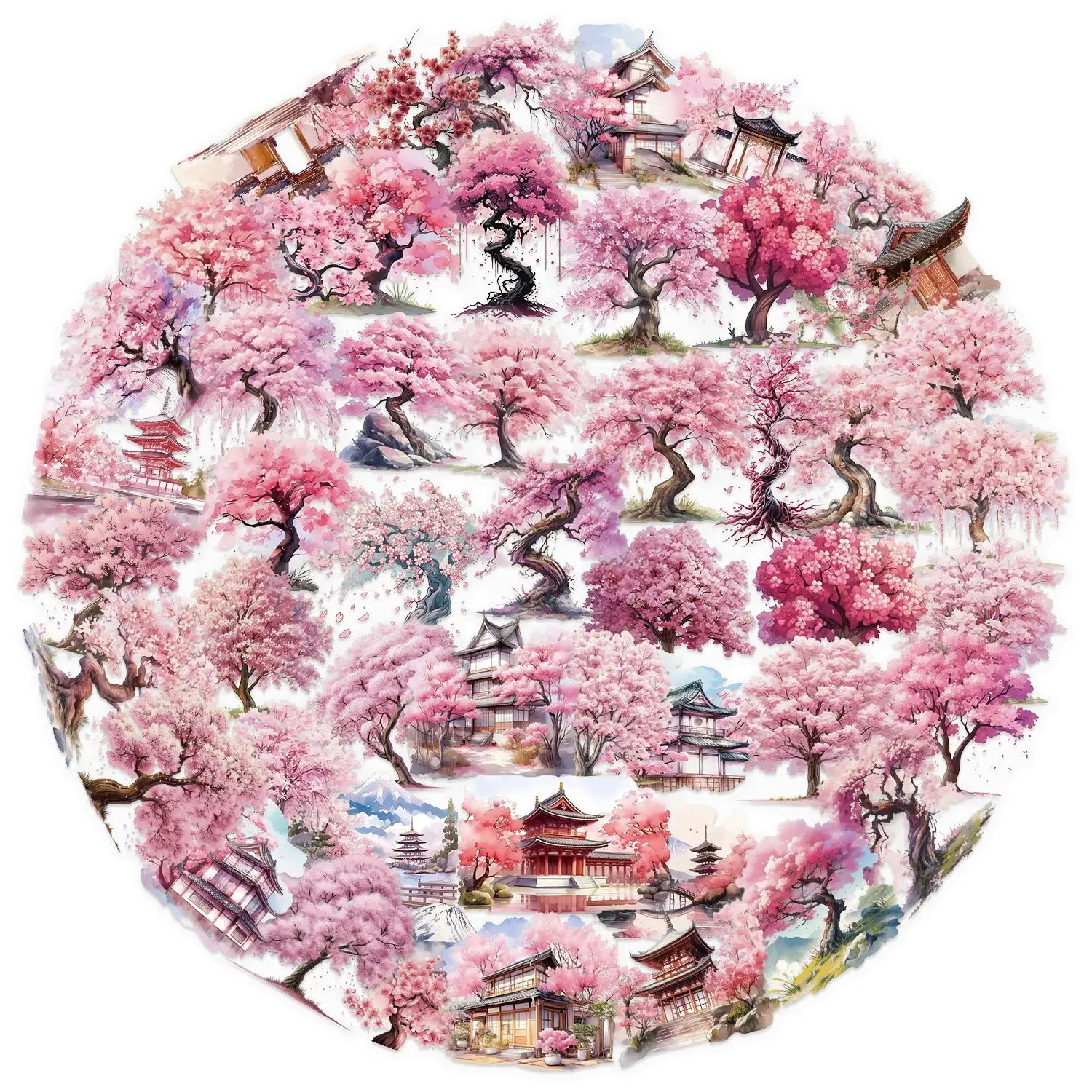 50pcs Ancient Chinese Peach Blossom Stickers, Watercolor Courtyard Landscape PET Decals, Vintage Oriental Aesthetic Waterproof S