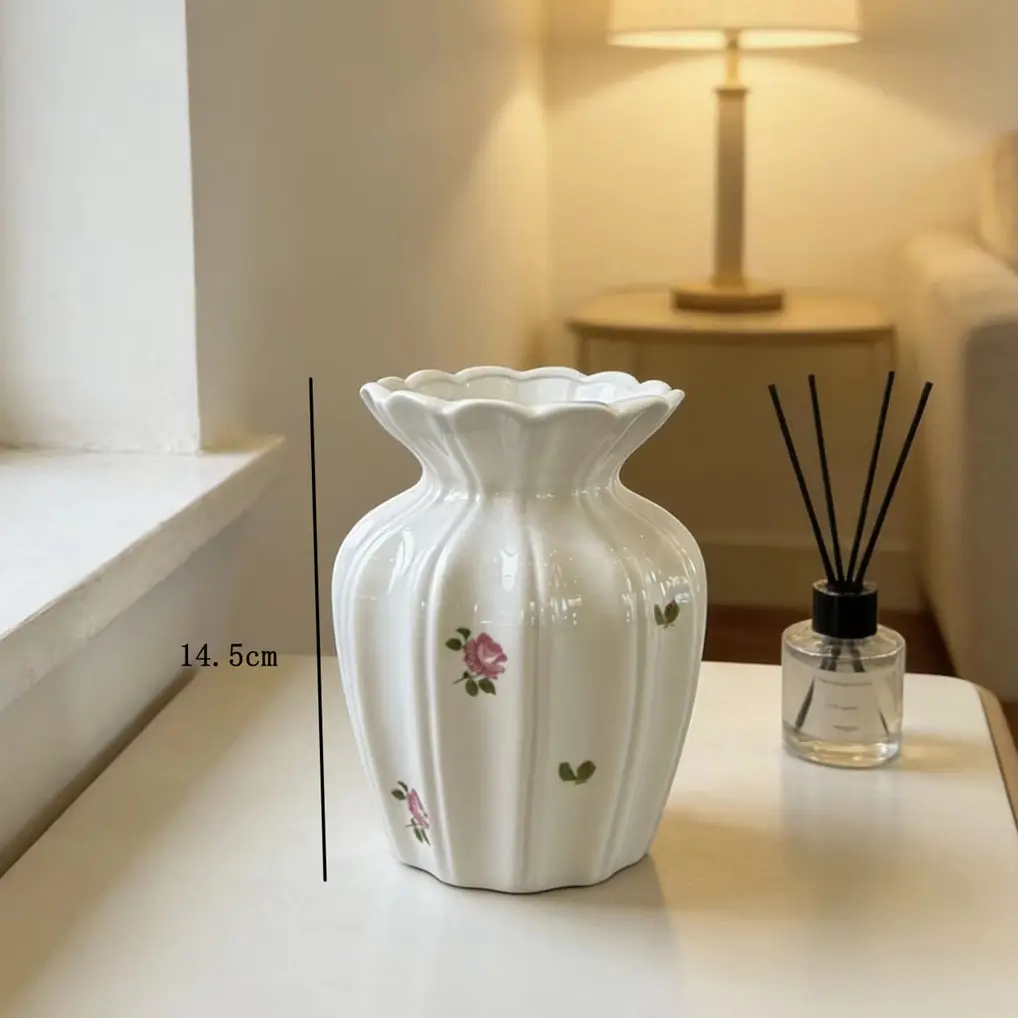 Vintage Pink Floral Ceramic Vase,Ribbed Fluted Edge Flower Vase for Home Decor,Premium Tabletop Ornament for Living Room&Gift