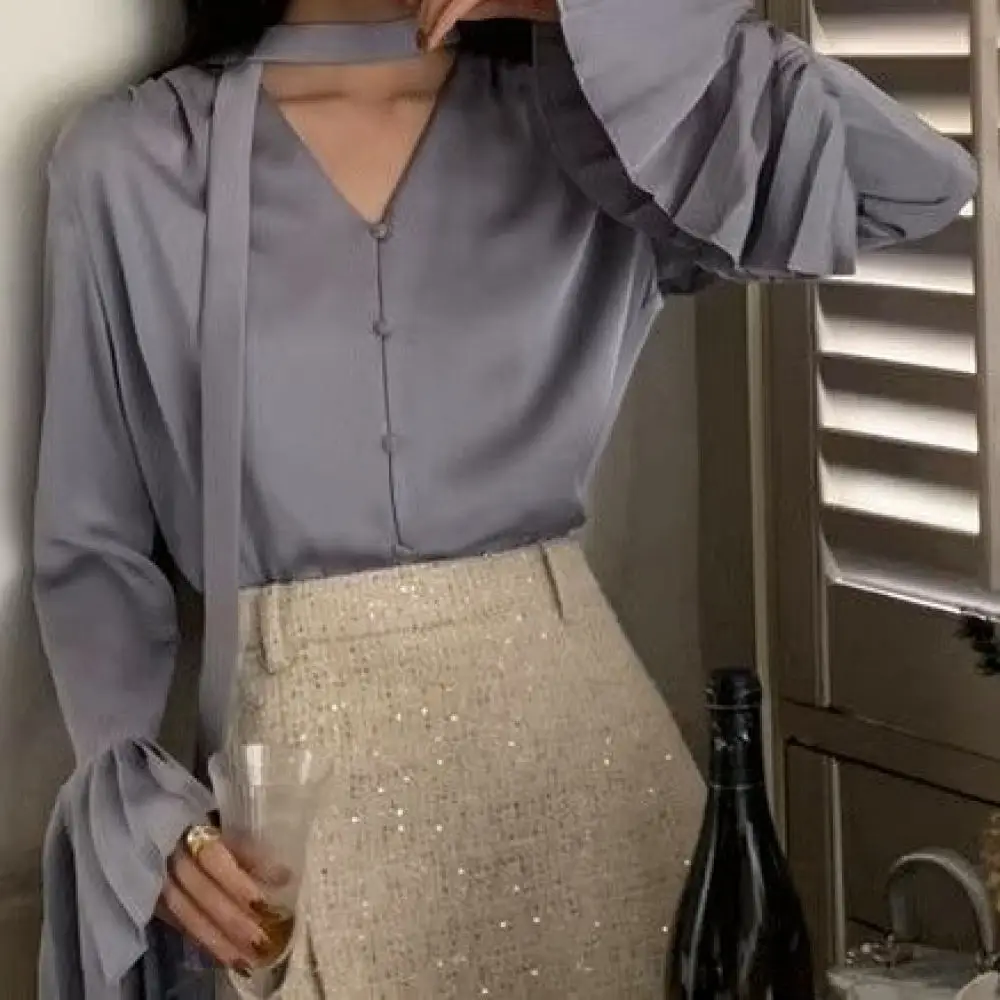 Loose Fit Satin Shirt Women Long Sleeve Tie Collar Blouse Spring Elegant Office Casual Fashion Chic Pullover Tops